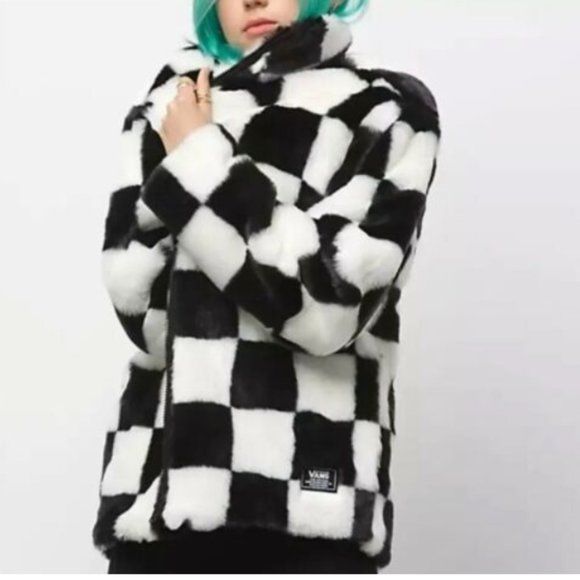 Vans Jackets & Blazers - NWOT VANS Coat NATALIE Jacket Faux Fur Black & White CHECKERBOARD Skater S